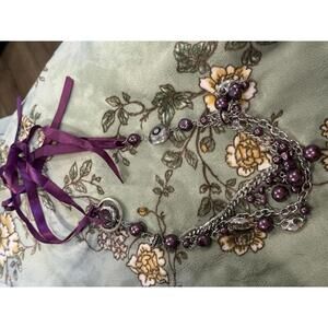 Elegant Purple Beaded and Chain Necklace with Ribbon Tie